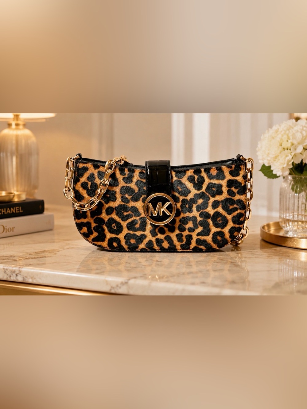 Michael Kors Leopard Mini Shoulder Bag in Brown, Black & Gold